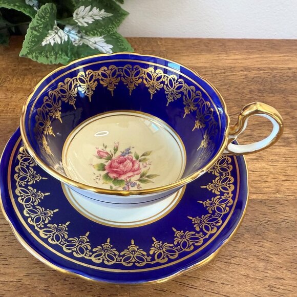 Aynsley Cobalt Blue Pink Cabbage Rose Tea Cup Saucer Gold Gilt English Bone - Picture 3 of 6
